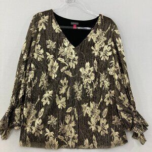 New Vince Camuto size 2X Gold Black Metallic V Neck Soft Flowy Blouse Evening